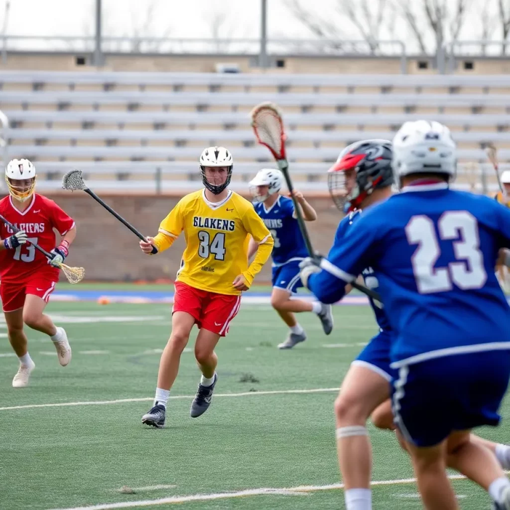 Lacrosse players competing in a fast-paced game