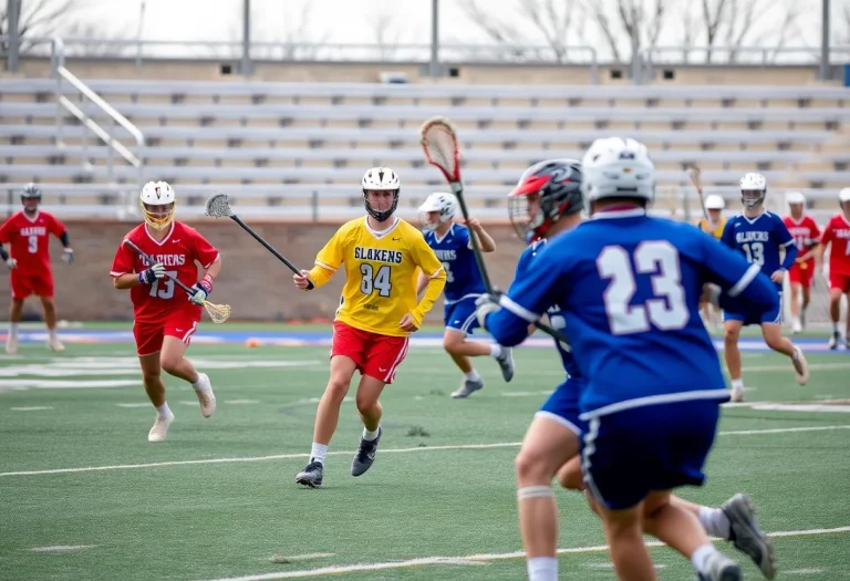 Lacrosse players competing in a fast-paced game