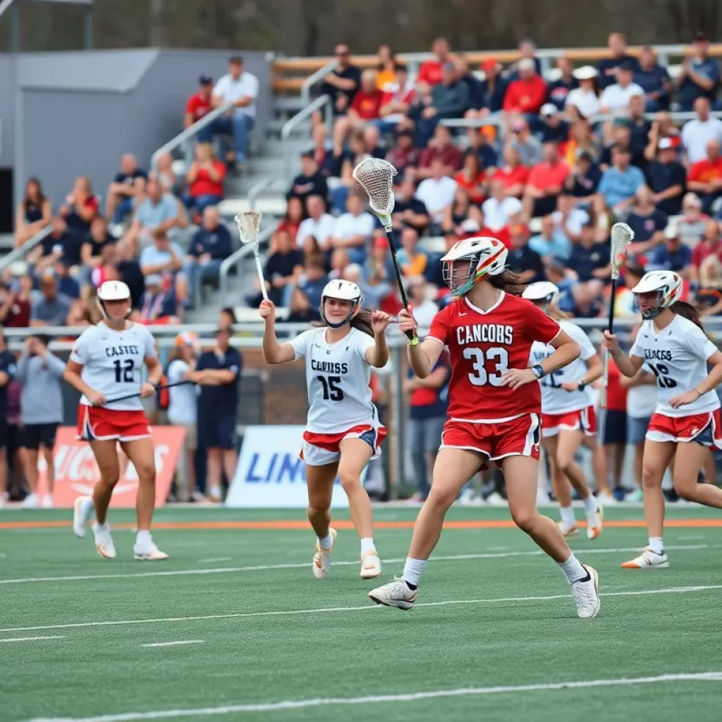 Players in a high school lacrosse game showcasing teamwork