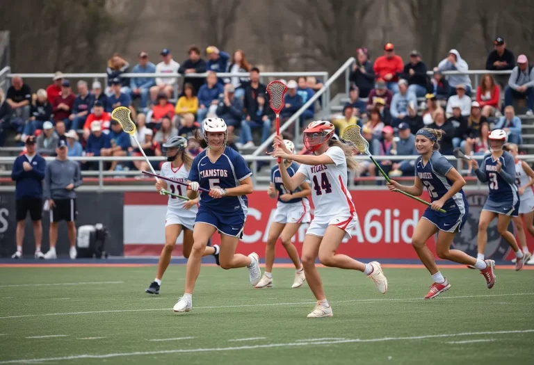 High school lacrosse teams in action during a state championship game