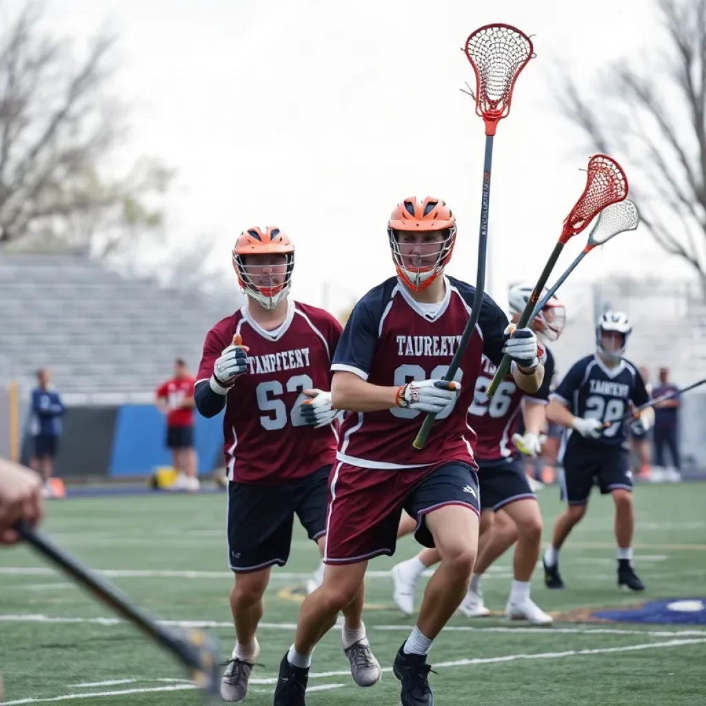 Action shot of a lacrosse game between Martin County and Boca Raton.