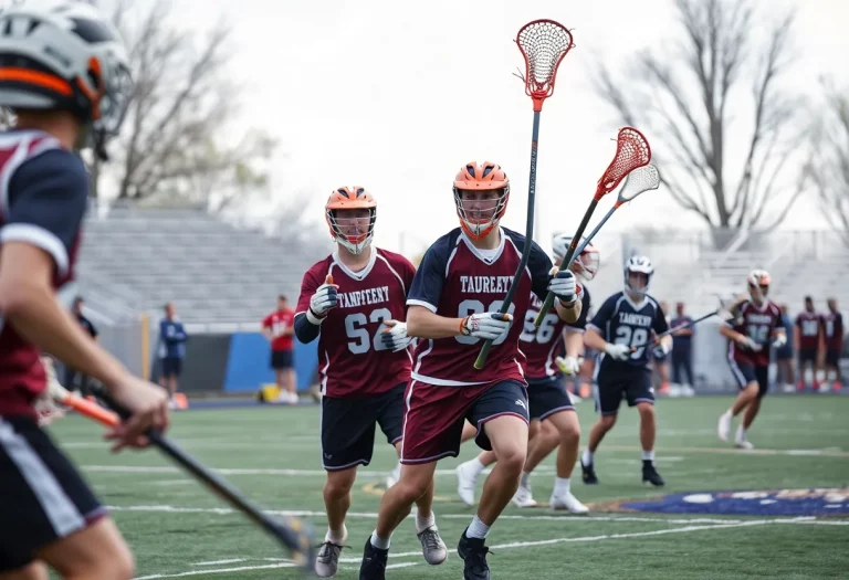 Action shot of a lacrosse game between Martin County and Boca Raton.