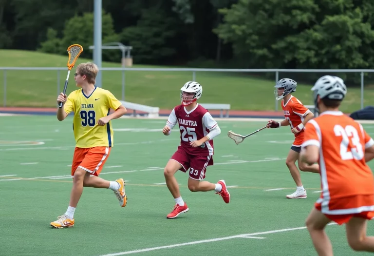 High school boys lacrosse players competing during a game.