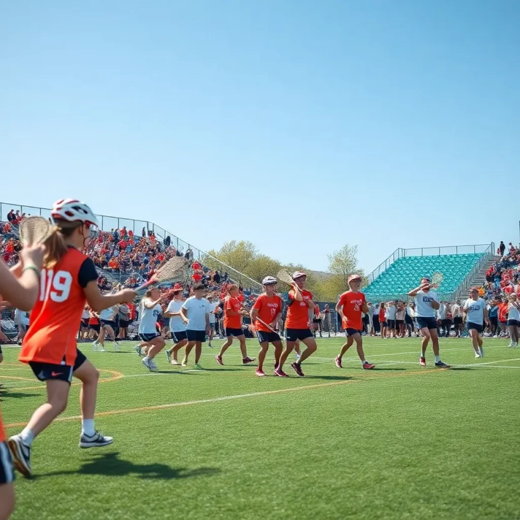 High school lacrosse players playing a game on the field.