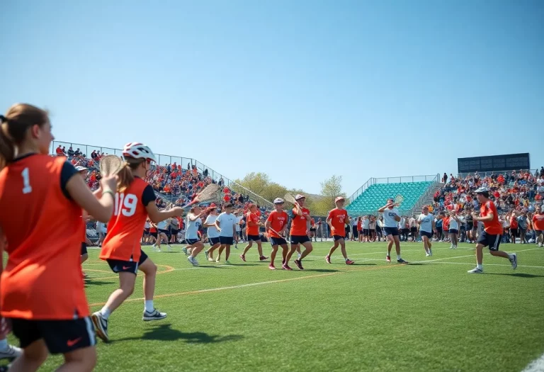 High school lacrosse players playing a game on the field.