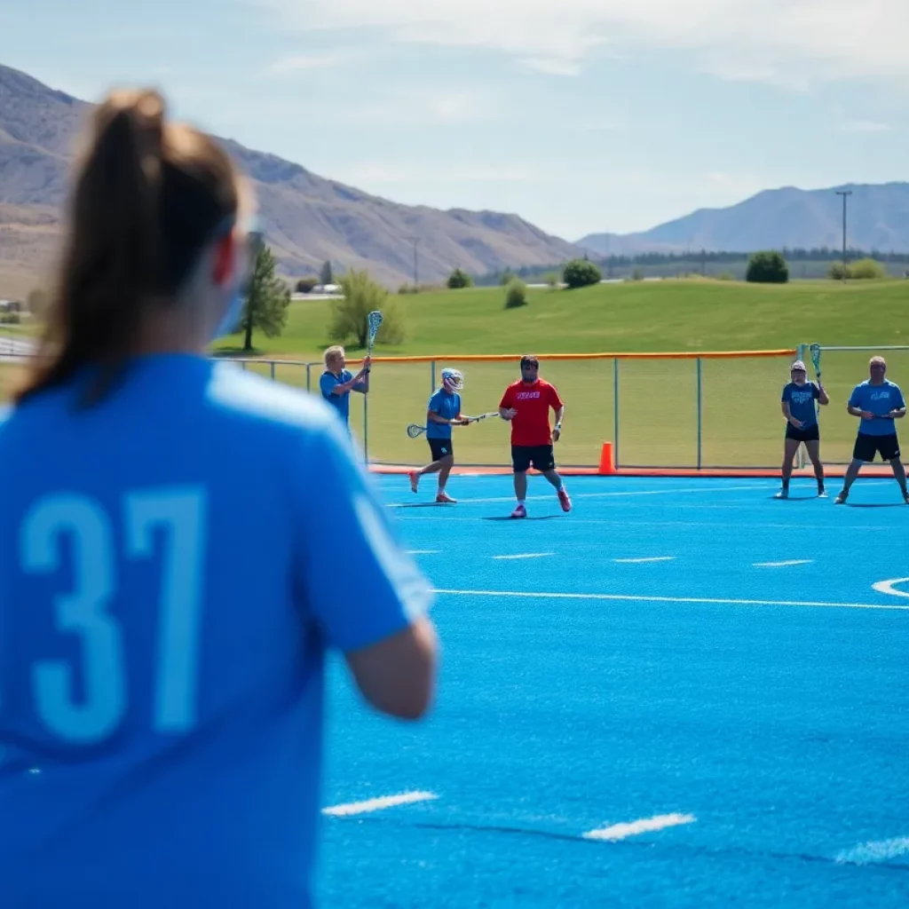 Lacrosse players practicing on a field in Las Vegas under blue skies