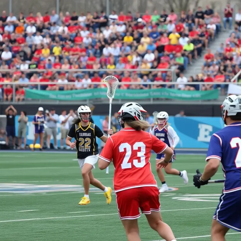 Players competing in a high school lacrosse game with fans cheering.