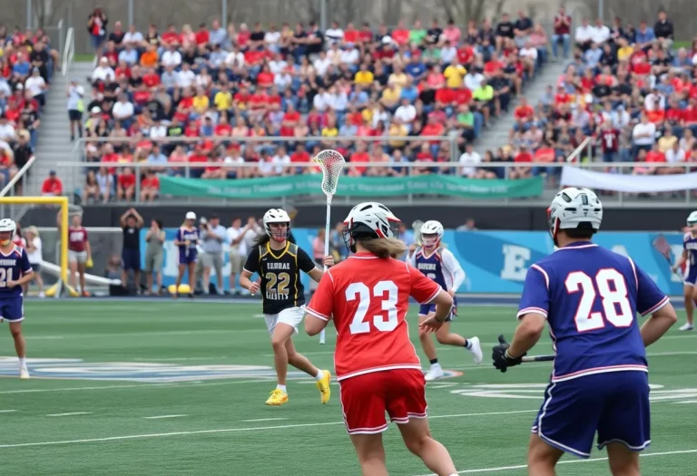 Players competing in a high school lacrosse game with fans cheering.