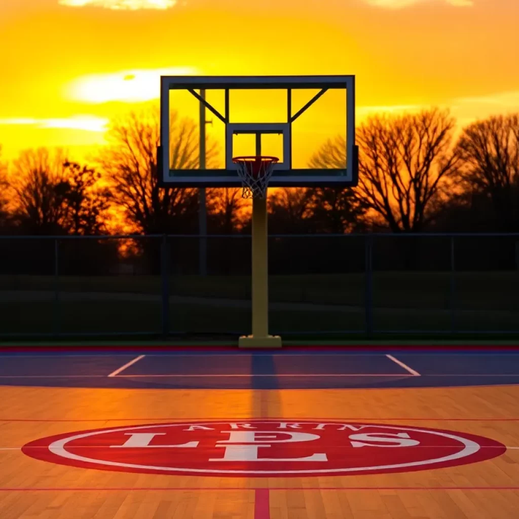 Empty Larkin High School basketball court at sunset