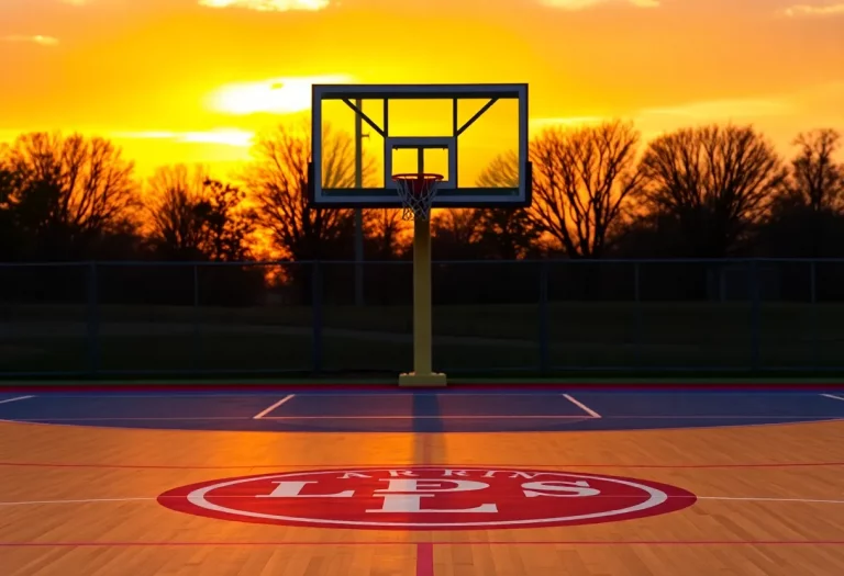 Empty Larkin High School basketball court at sunset