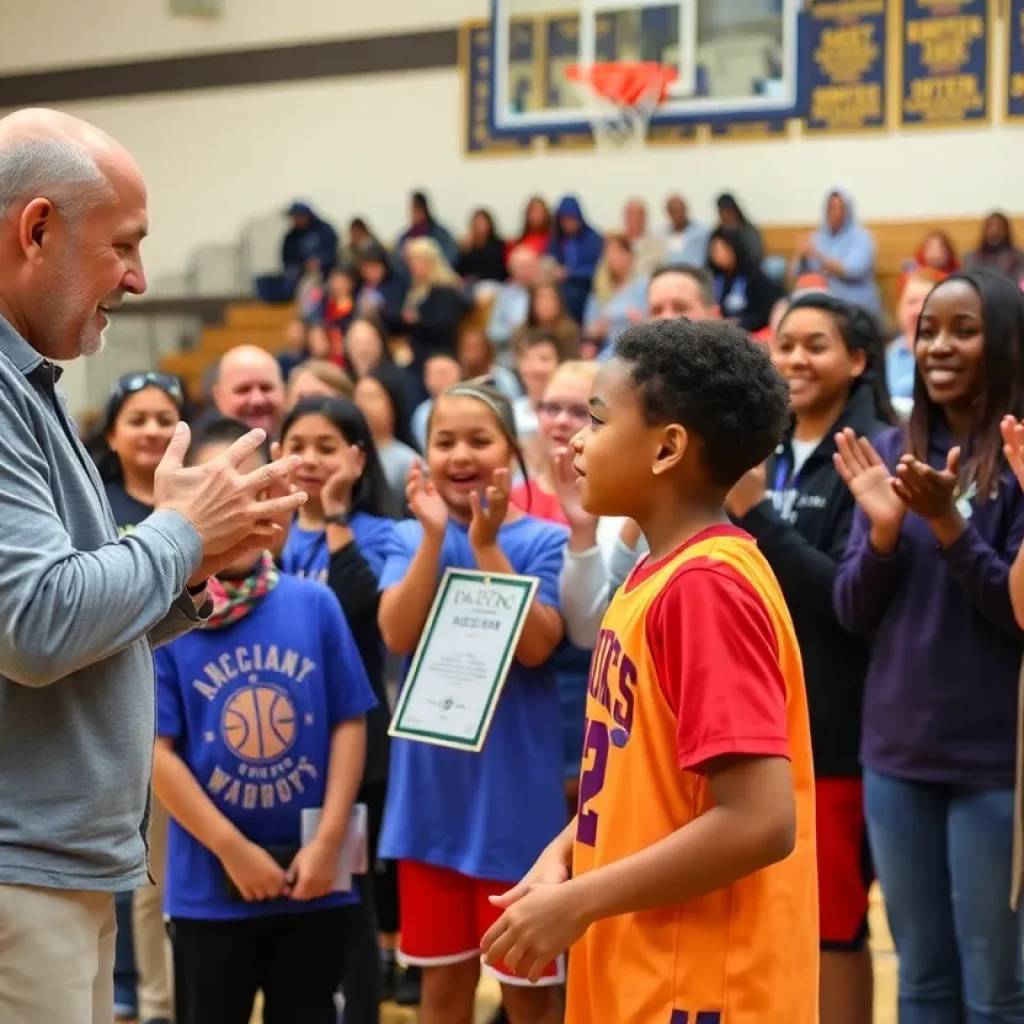 Community celebrating the Courage Award recipient in a basketball setting