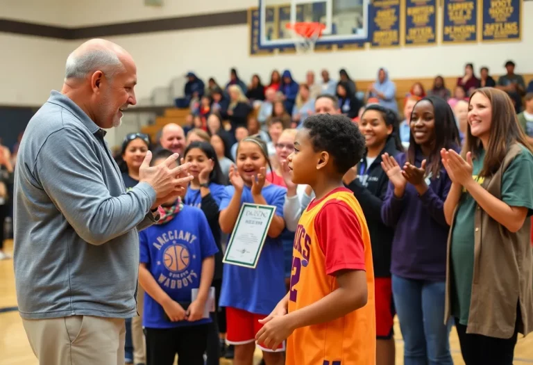 Community celebrating the Courage Award recipient in a basketball setting