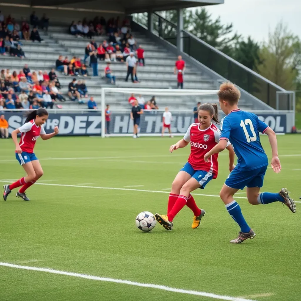 High school soccer match in Lincoln with players and spectators