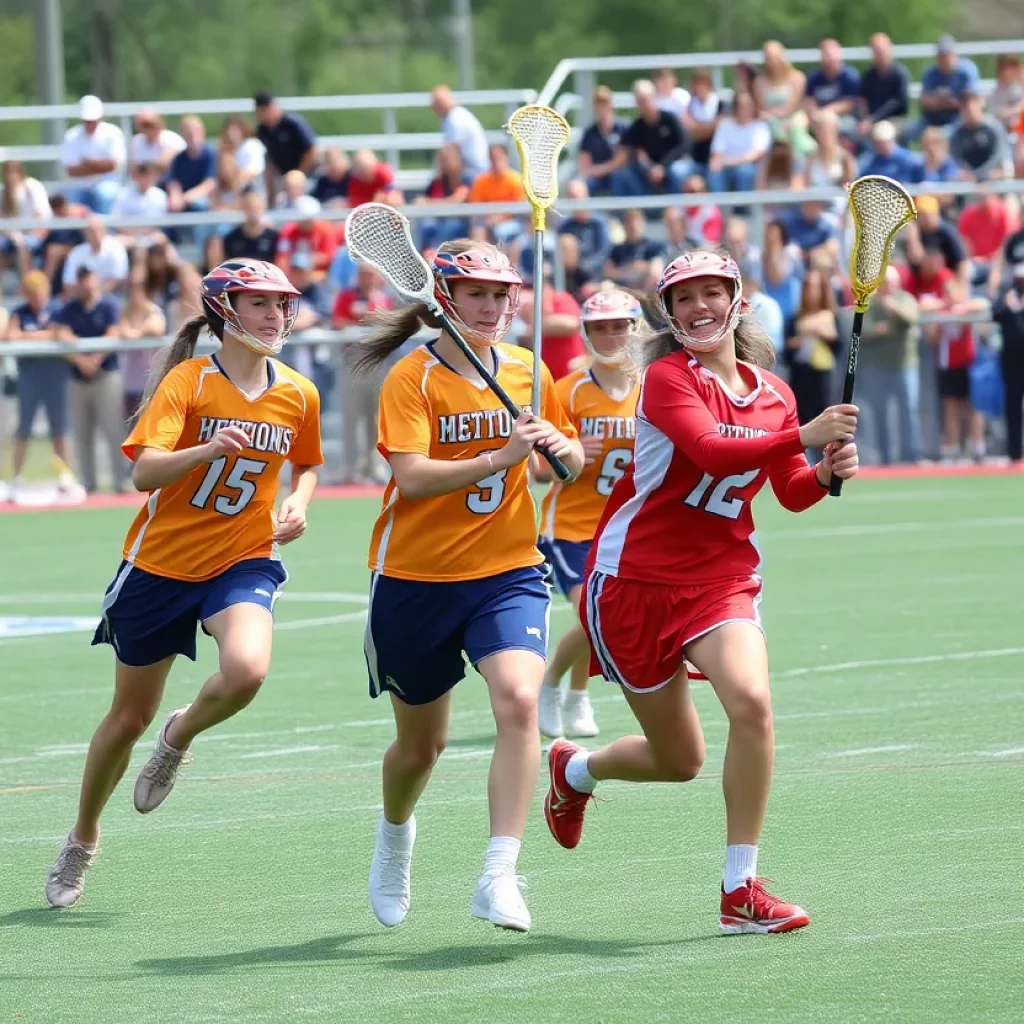 An action-packed scene of high school lacrosse players from Long Island competing fiercely on the field.