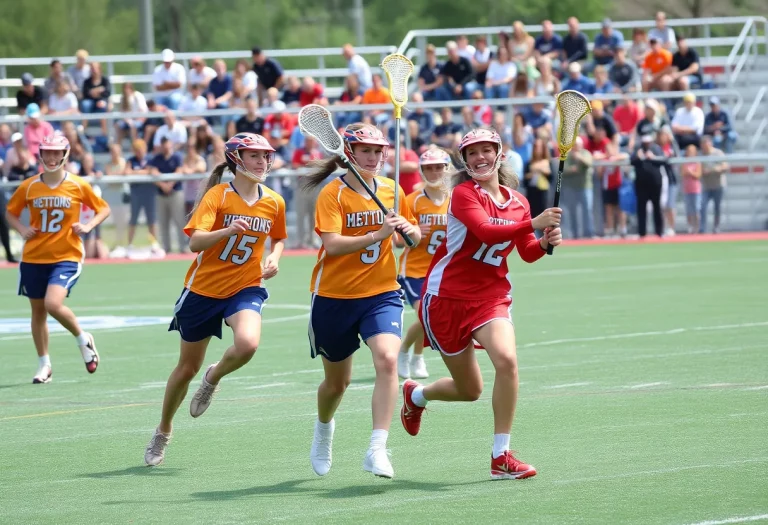 An action-packed scene of high school lacrosse players from Long Island competing fiercely on the field.
