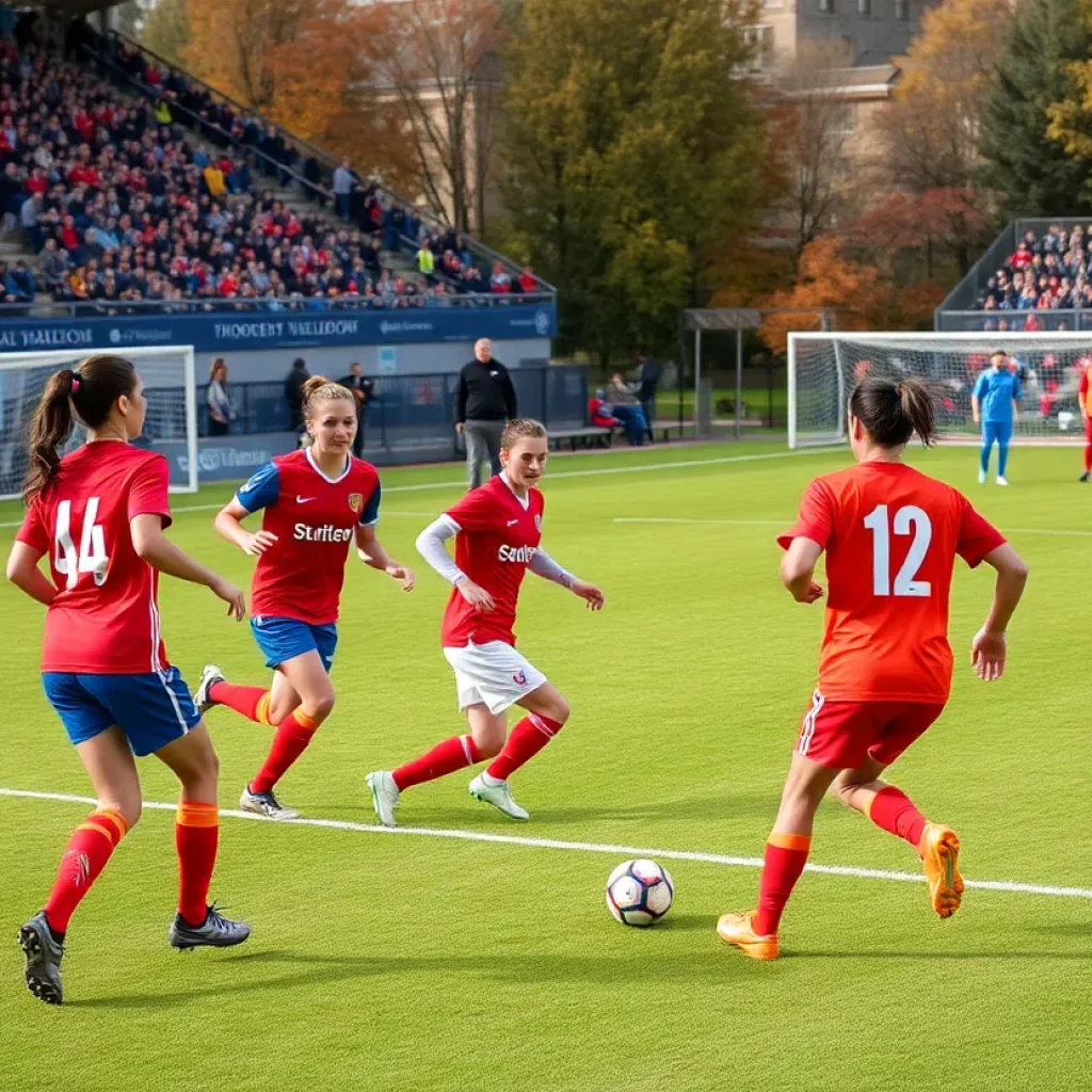 A scene from a high school soccer game in Louisville with players and fans.