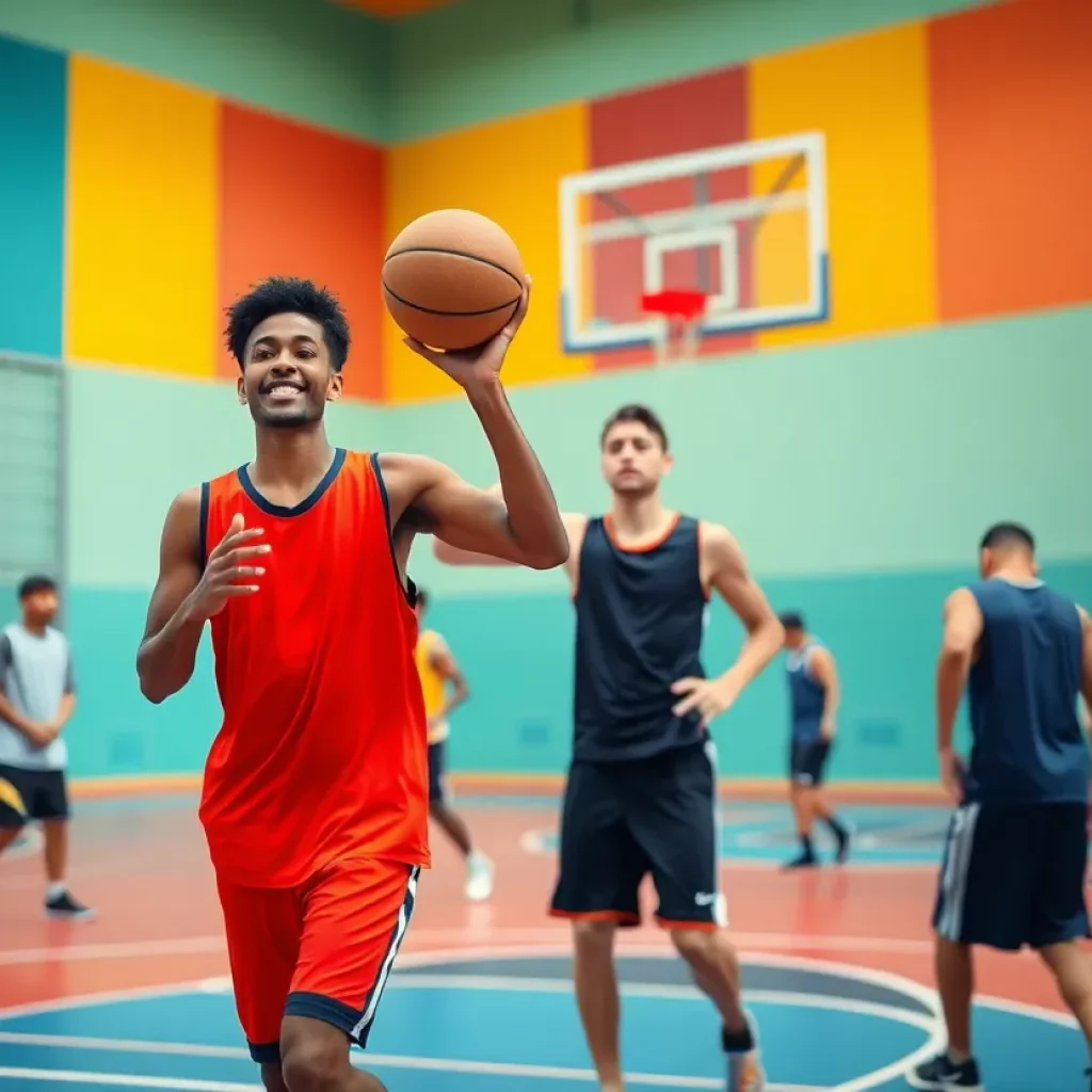 Loyola High School basketball players practicing on the court