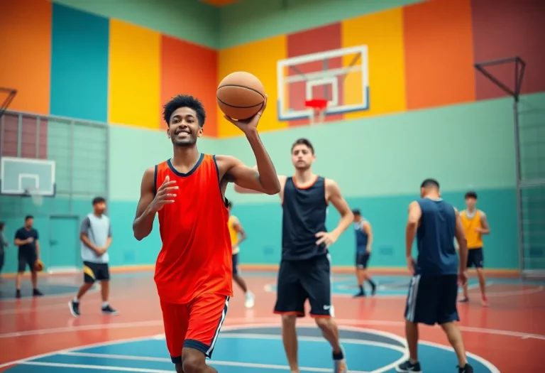 Basketball practice at Loyola High School with players and coach