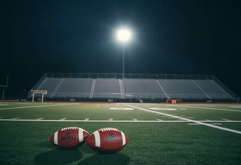 Nighttime image of an empty high school football field