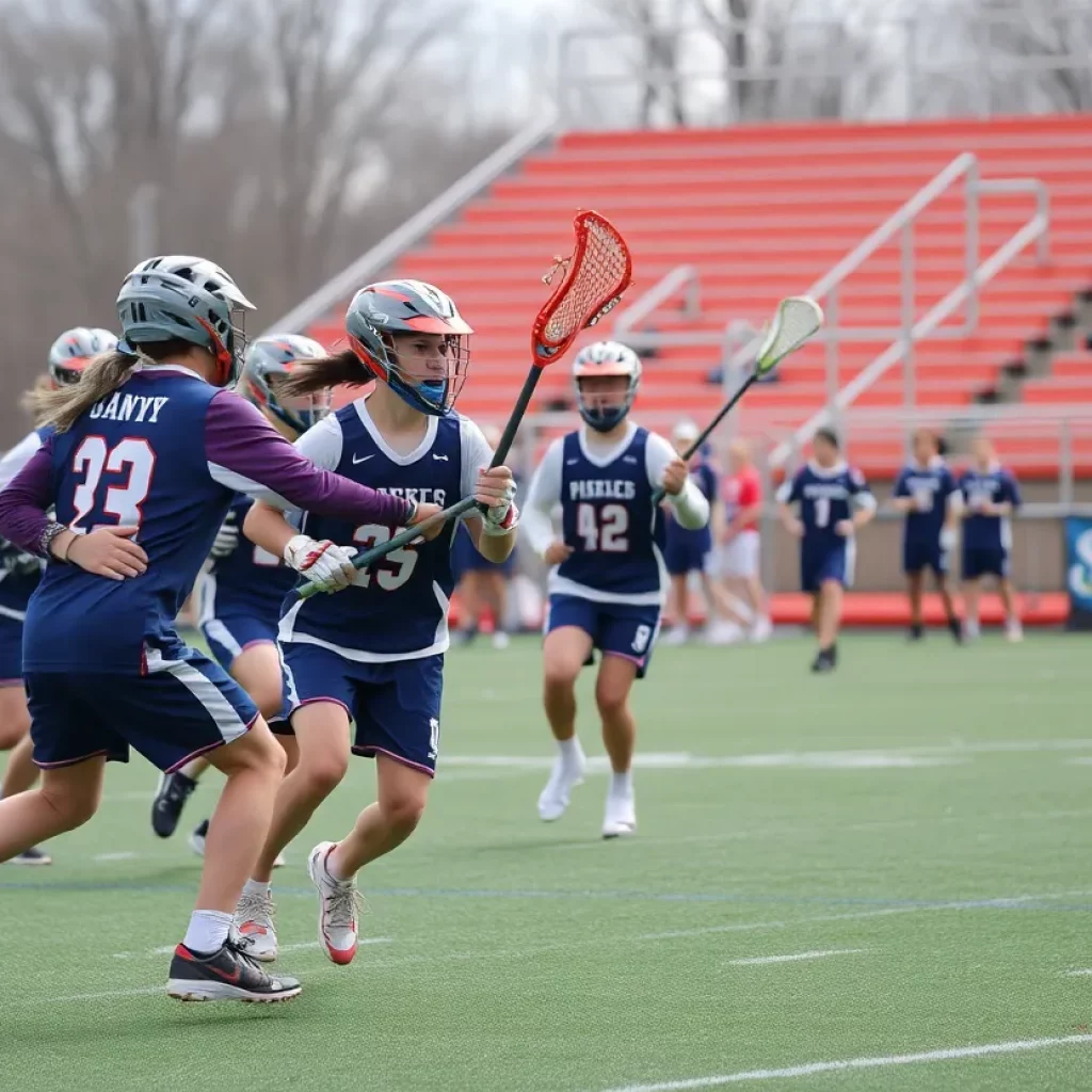 A group of young lacrosse players showcasing teamwork and determination on the field.