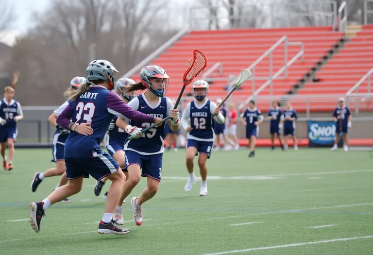 A group of young lacrosse players showcasing teamwork and determination on the field.