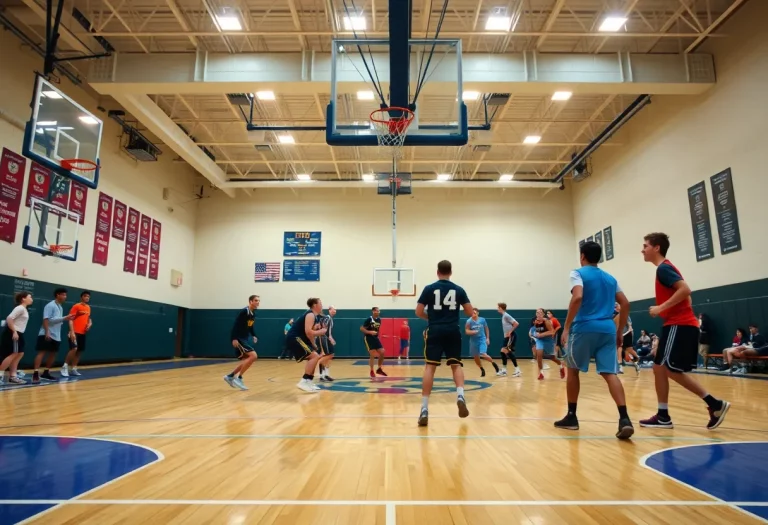 High school basketball players competing on a court in Maine.