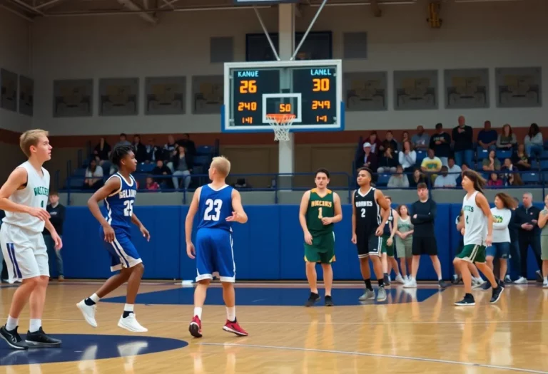 High school basketball teams competing on the court