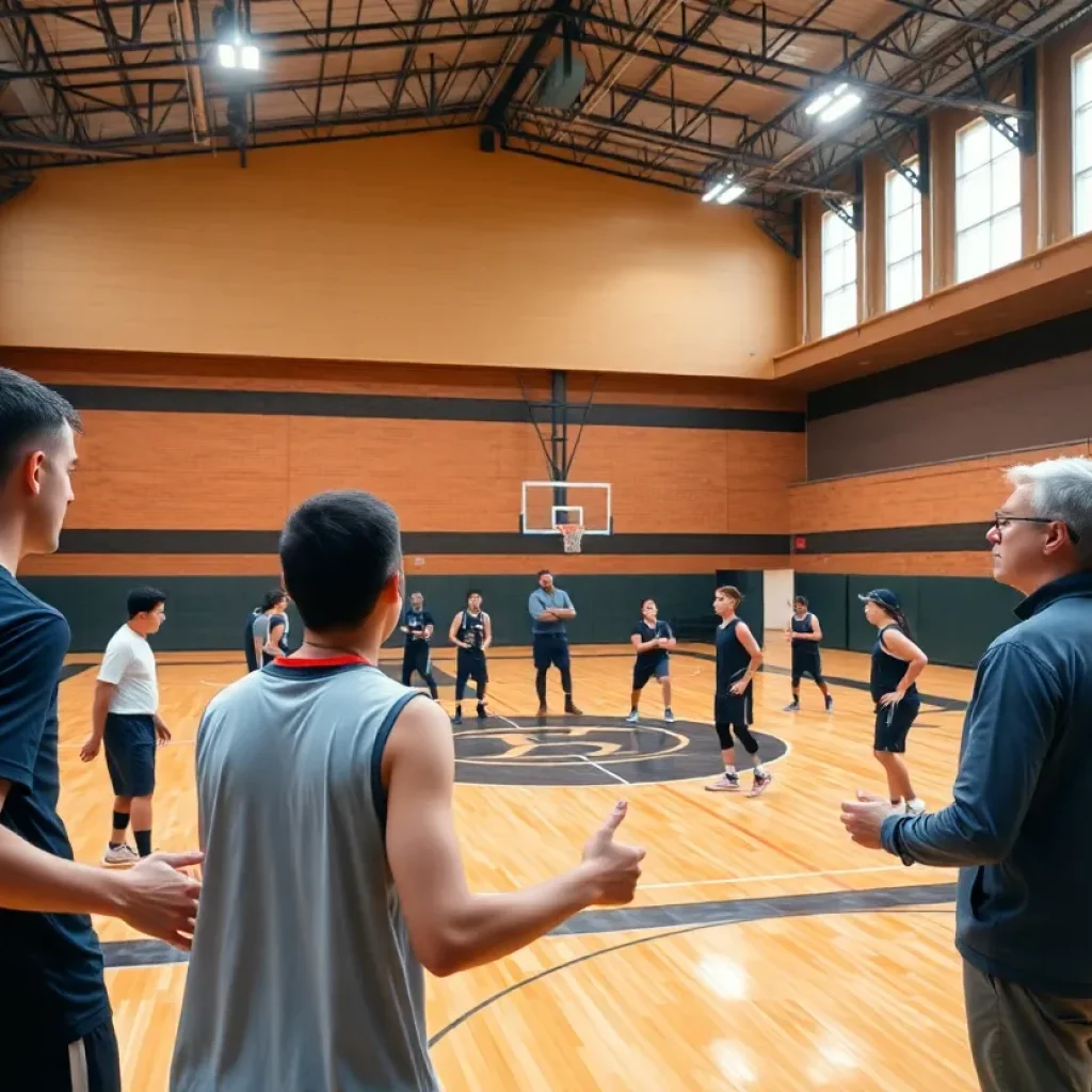High school basketball team practicing in the gym