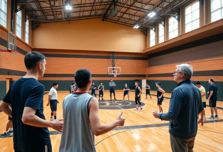 High school basketball team practicing in the gym