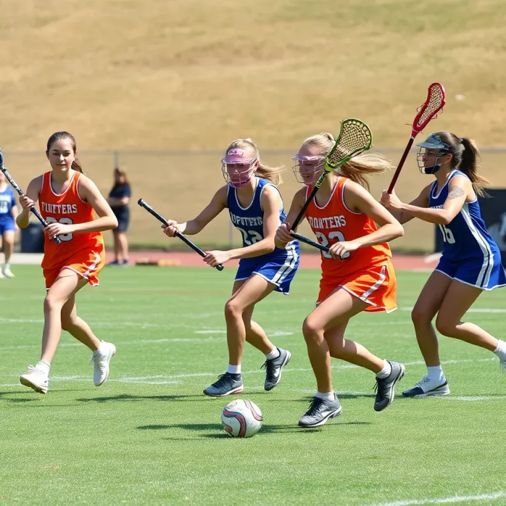 Girls' lacrosse team playing during an intense match showcasing teamwork and skill.