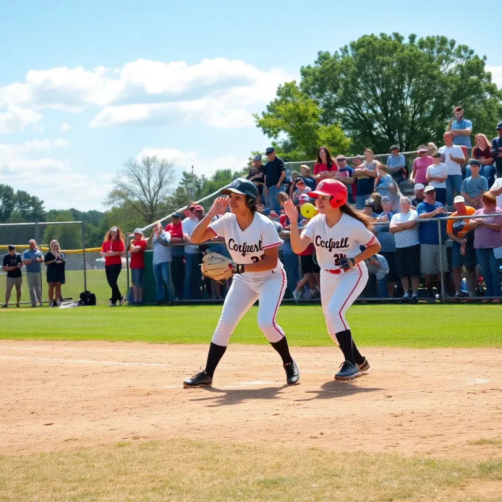 High school softball game with players and fans