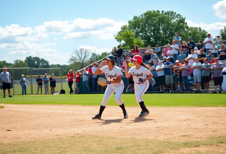 High school softball game with players and fans