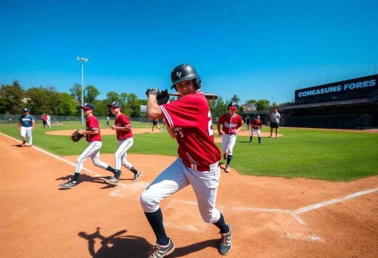 Action shot of Massachusetts high school baseball players during a game.
