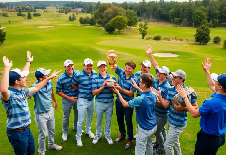 Celebration of McAlester High School boys golf team with trophy on golf course