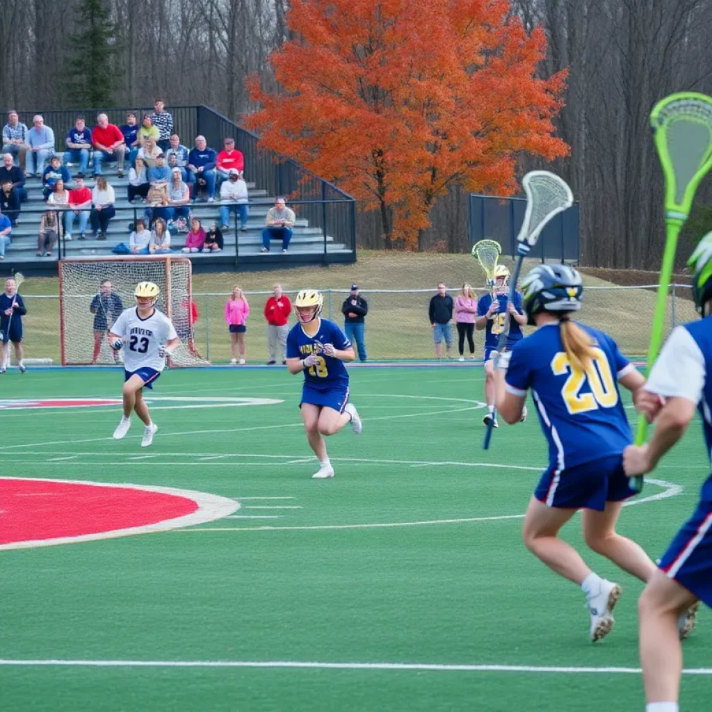 Players competing in a high school lacrosse match