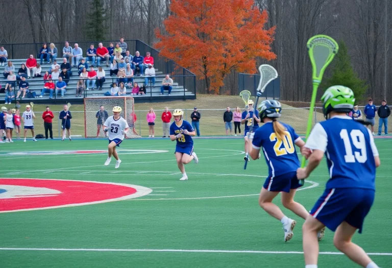 Players competing in a high school lacrosse match