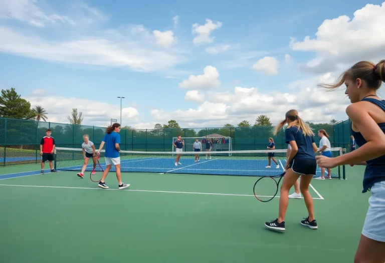 Players of McDonough High School Tennis Team competing on a windy day.