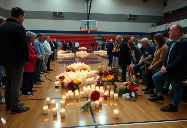 Community members gather to honor Coach Williams with candles and flowers
