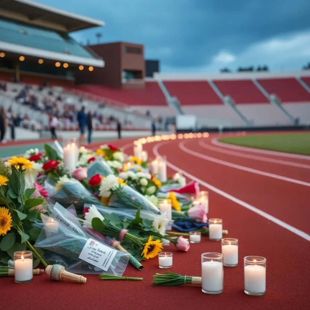 Memorial setup in a track stadium honoring Austin Metcalf
