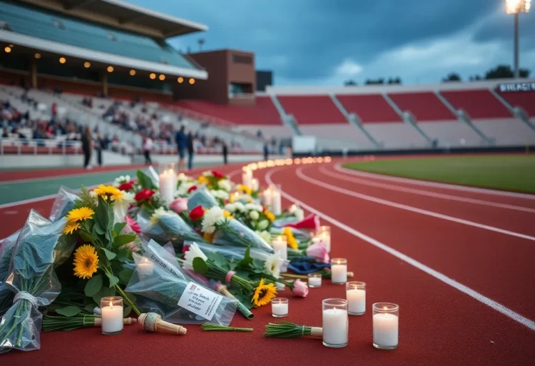 Memorial setup in a track stadium honoring Austin Metcalf