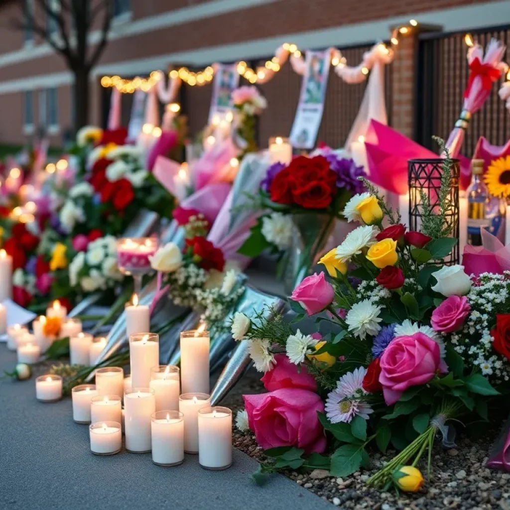 Memorial with flowers and candles honoring a young athlete.