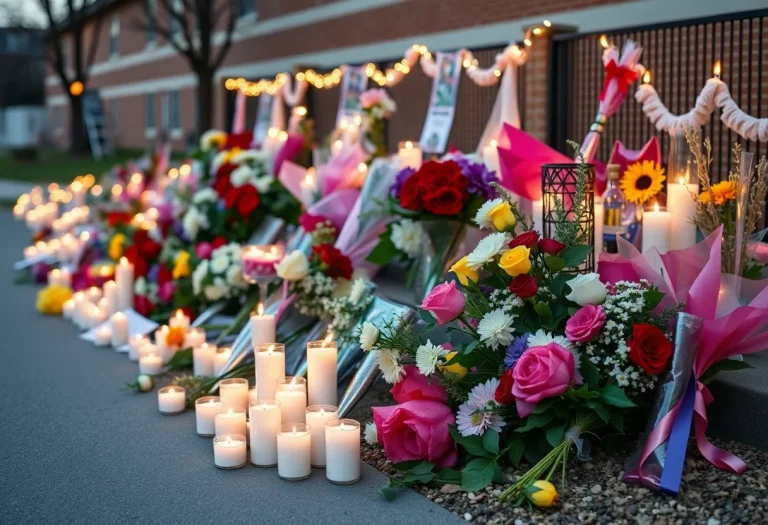 Memorial with flowers and candles honoring a young athlete.