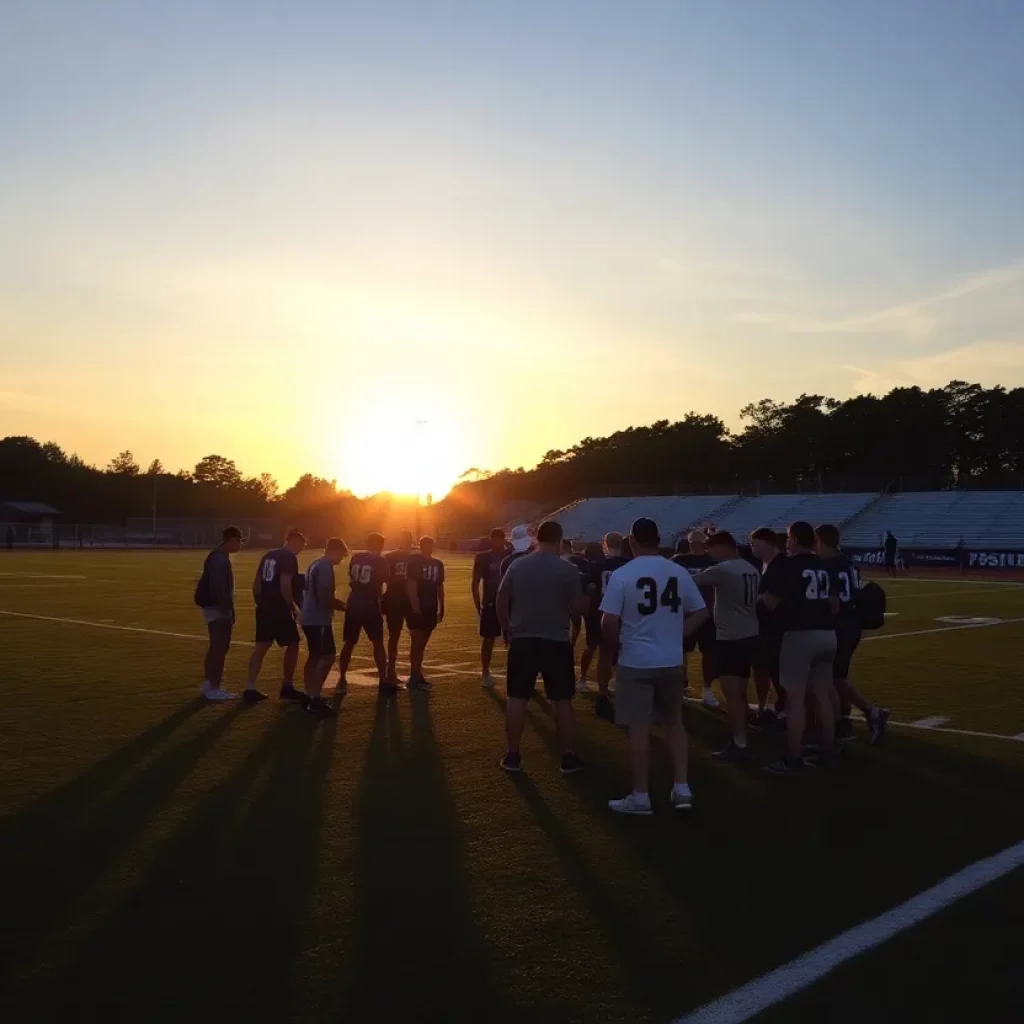 Football team huddled together on the field.