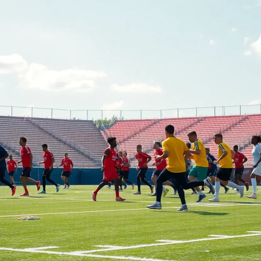 Football players practicing on a sunny field