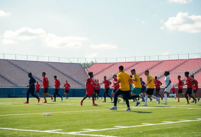 Football players practicing on a sunny field