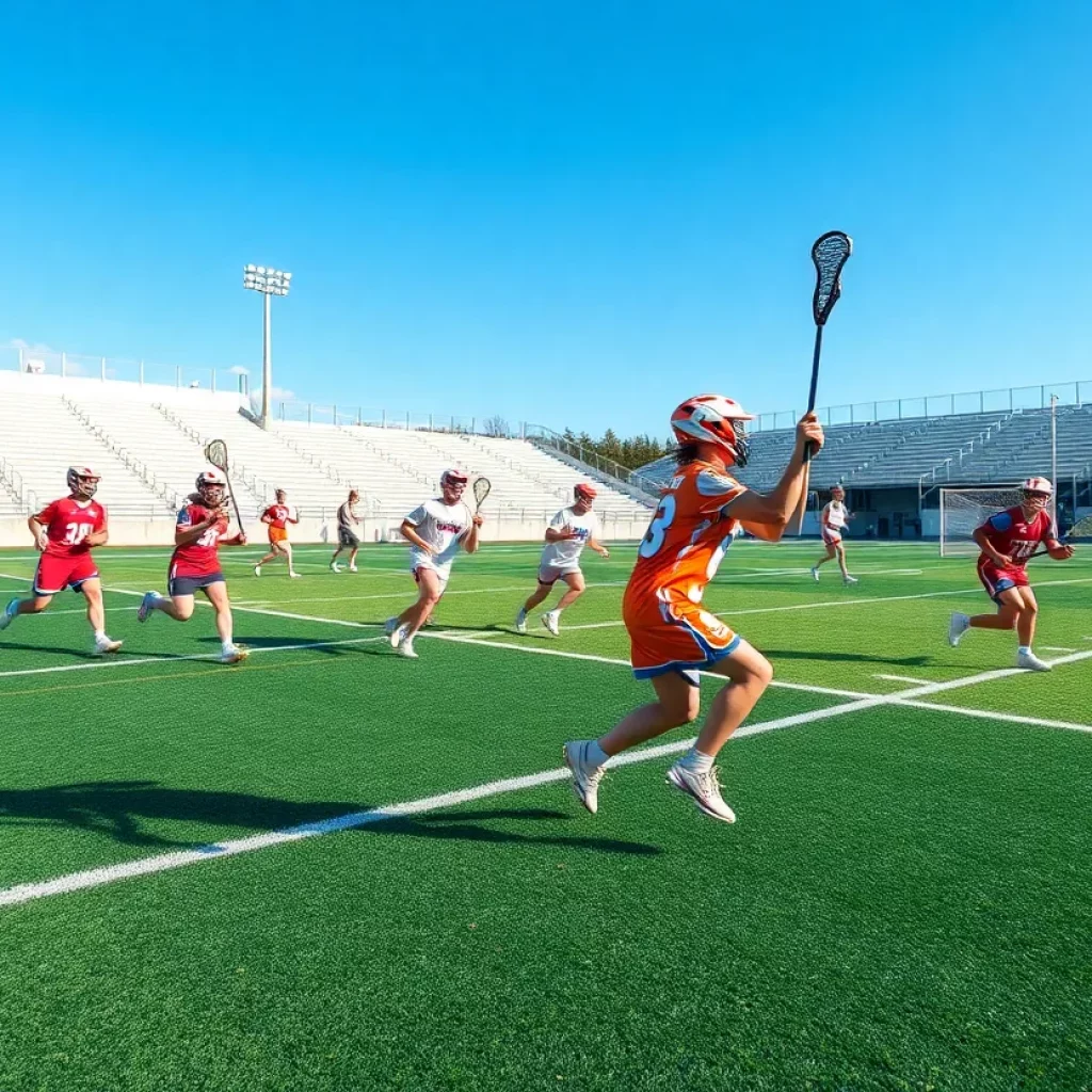 Students playing lacrosse on a new field at Middle Park High School
