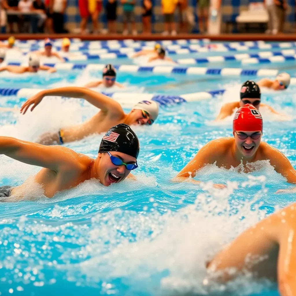 Swimmers from Midland High School competing in a swimming race