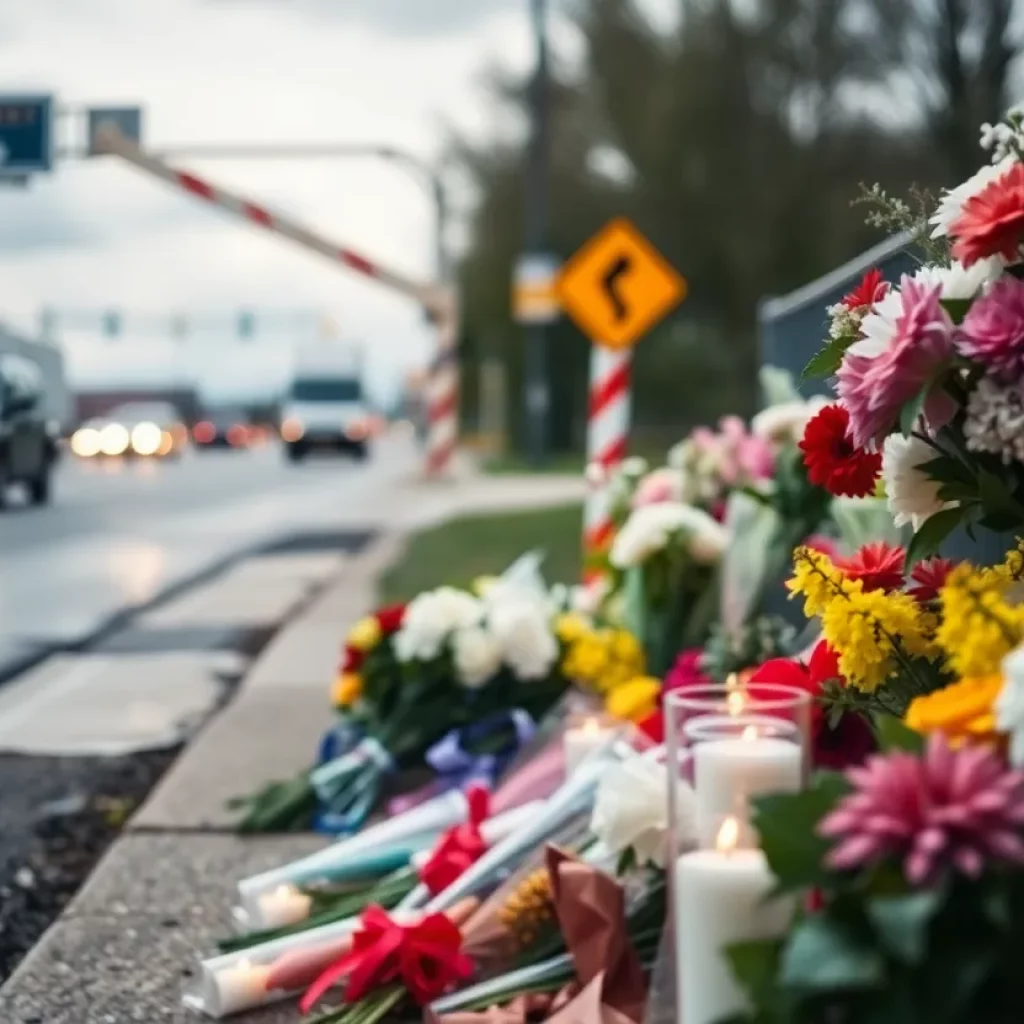 Roadside memorial with flowers and candles honoring the McCaffety family.