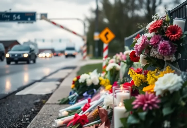 Roadside memorial with flowers and candles honoring the McCaffety family.