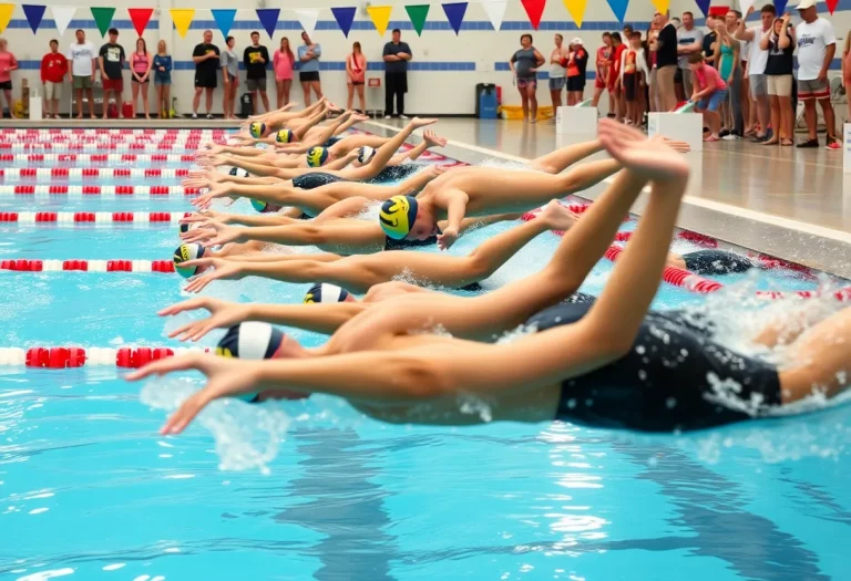 Swimmer diving off the block during a race at Millbrook High School swim meet
